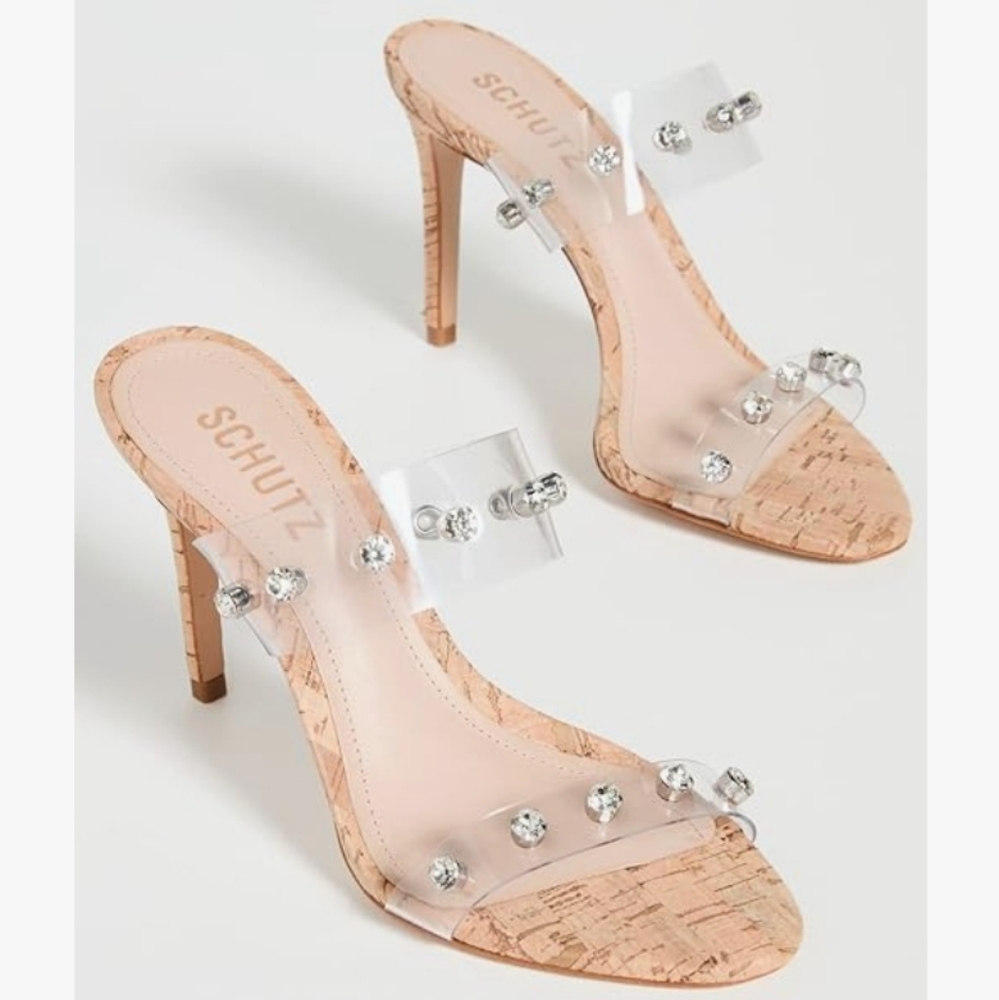 Schutz Ariella Cork Vinyl Stiletto Heel Sandals 9 - Picture 1 of 9